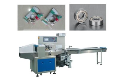 Compact horizontal wrapping machine for bearing bag packaging.
